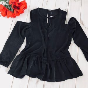 NWT Black Silky Cold Shoulder Peplum Top